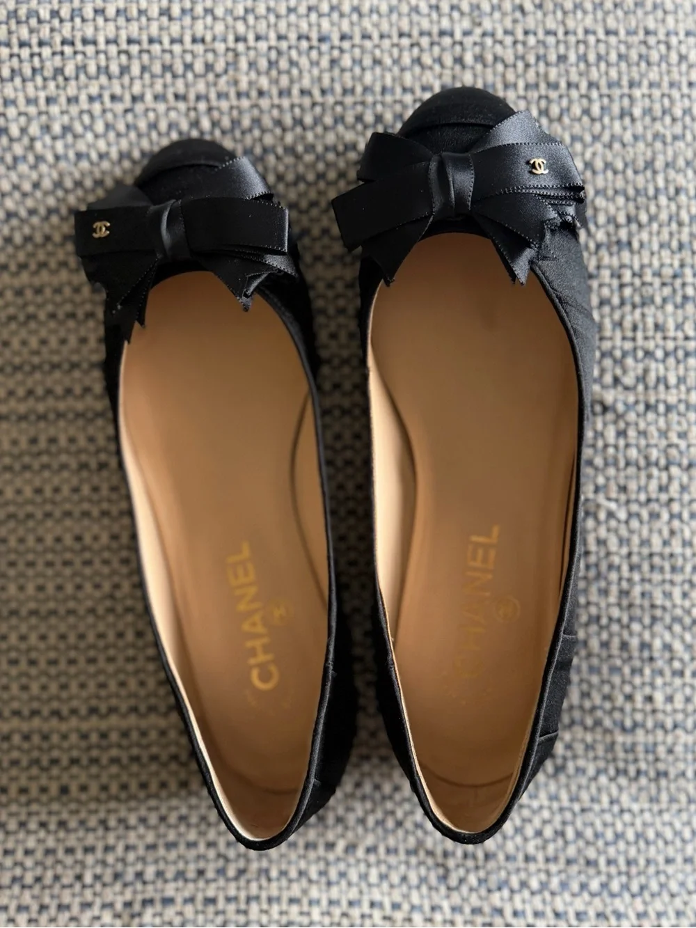 CHANEL Black Satin Peep-Toe Ballet Flats with Bow & Gold CC